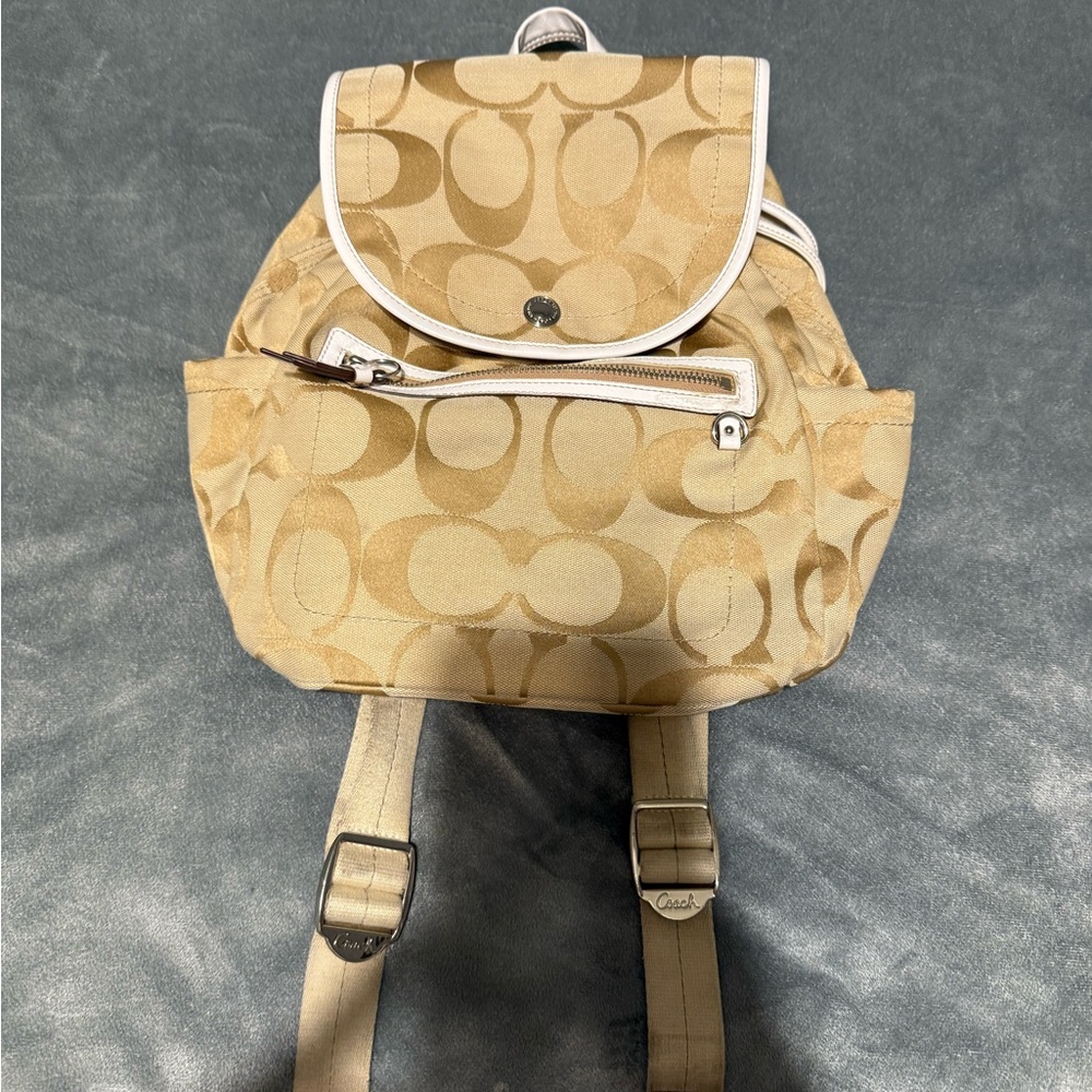 Coach Tan Signature Backpack with Drawstring Closure